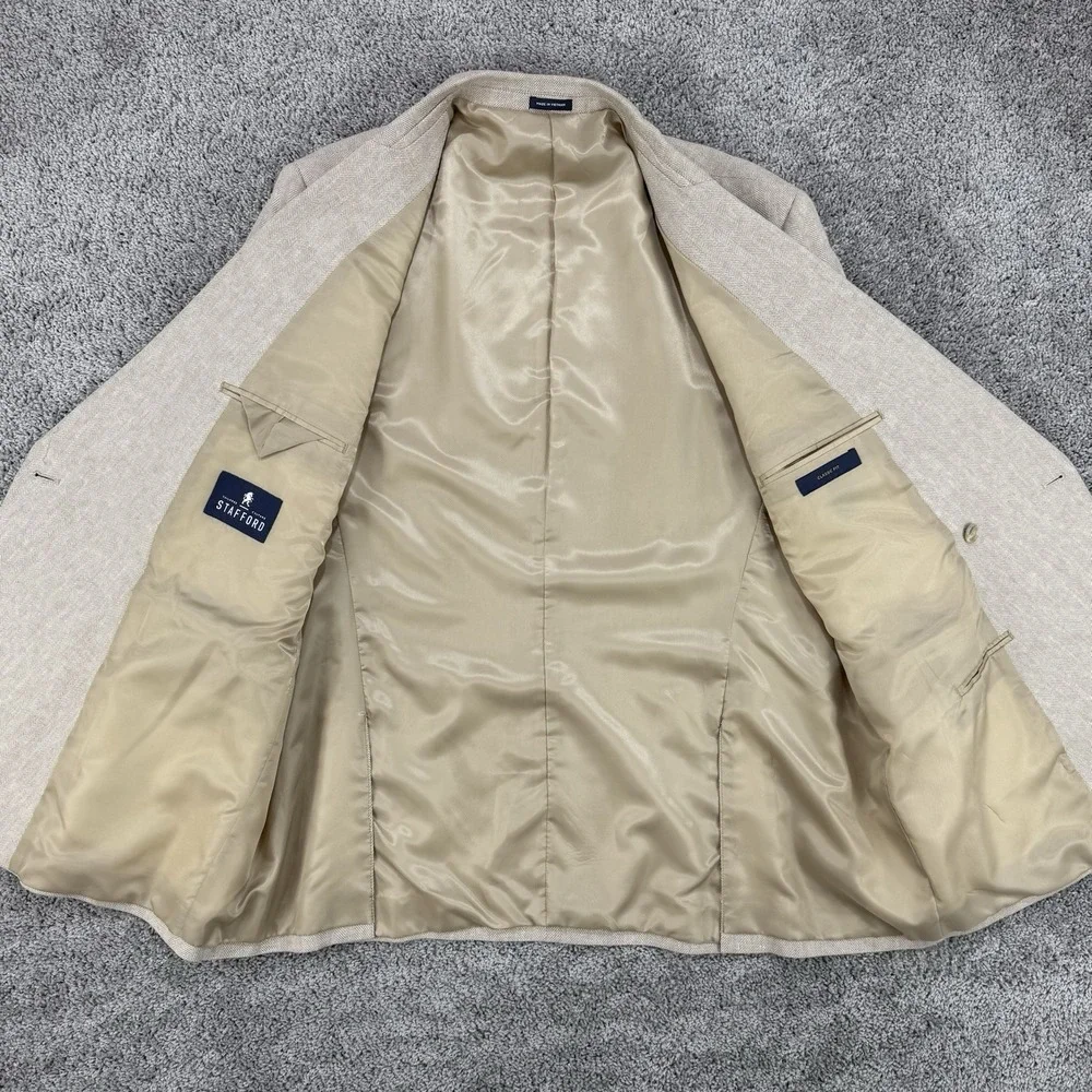 Stafford Linen Blazer Men's 48L Beige Classic Fit Double Breasted Dual Vent